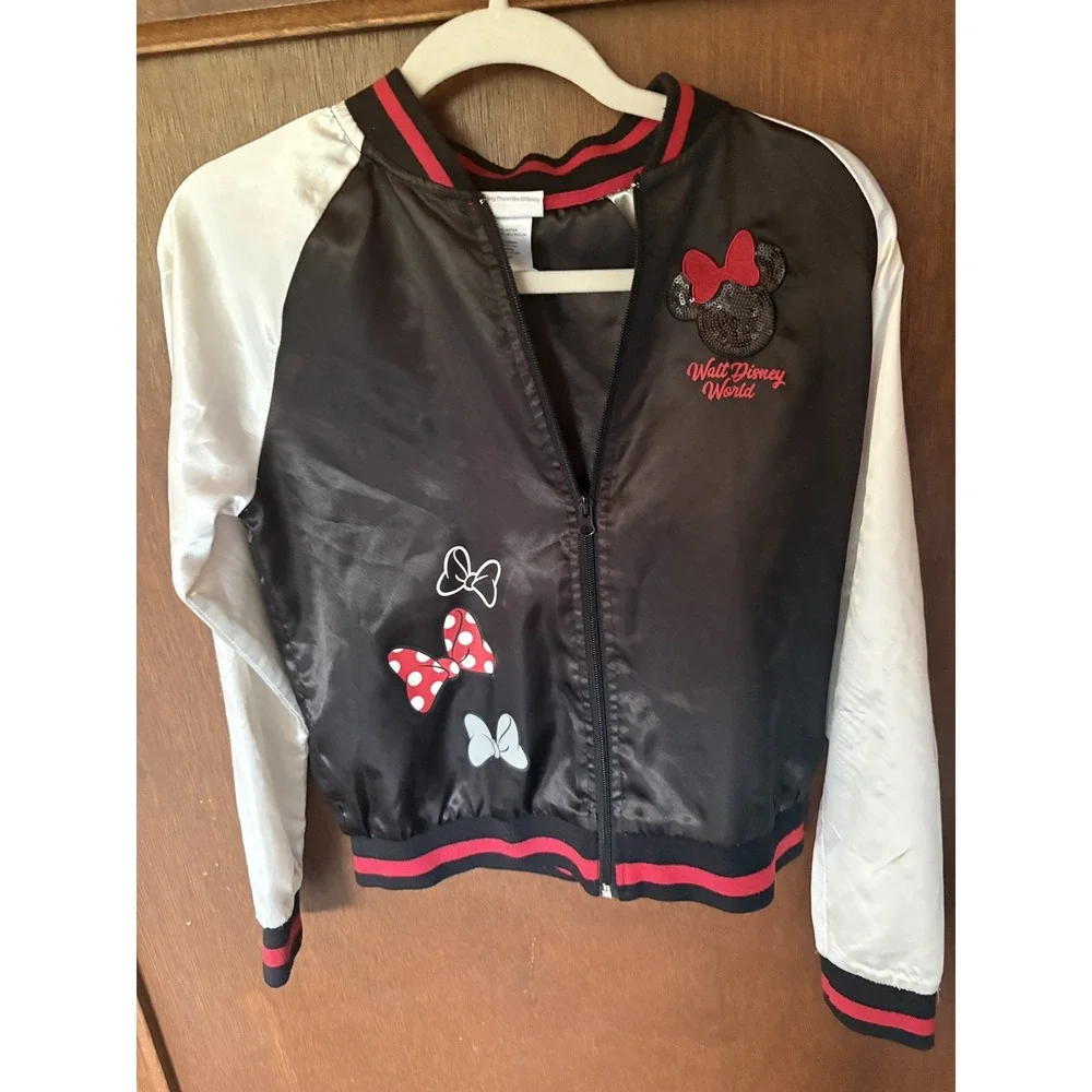 Walt Disney World Minnie Mouse Satin Bomber Jacket Black White Girls XL 14-16